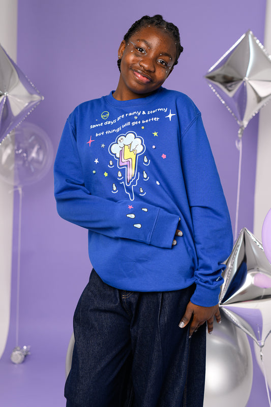 Stormy days blue sweatshirt handsewn sparkle PRE ORDER now for 27th Jan 2025!